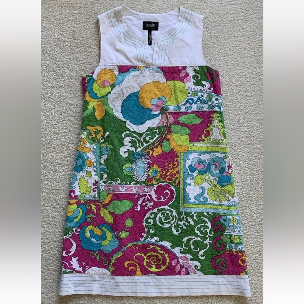 Vtg Laundry Shelli Segal Floral Mini Shift Dress 2 Retro Psychedelic Mod Vibrant